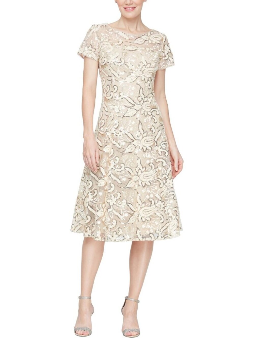 Sequined Lace Midi Dress for Women - Petite & Regular Sizes, Elegant Evening
